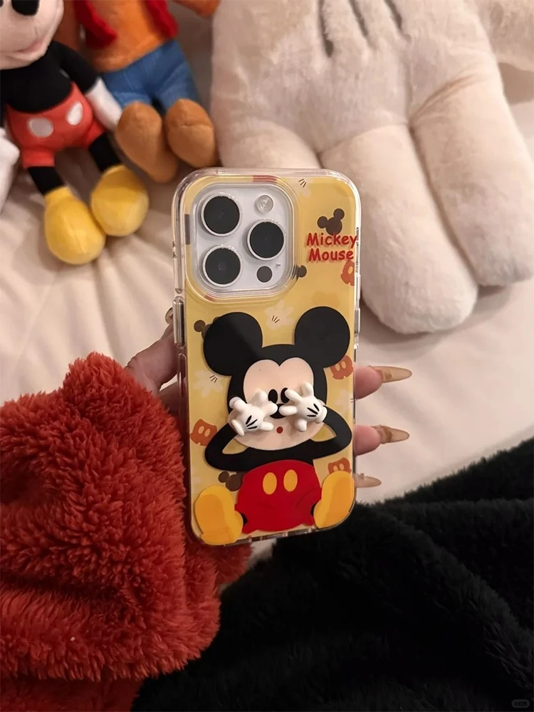 ins风捂脸米奇适用苹果16Promax手机壳13保护套15PRO大孔14少女11