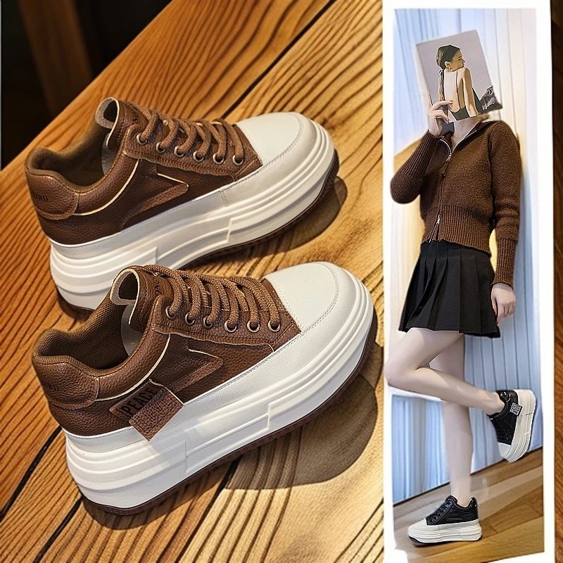 网红真皮女鞋高帮鞋春季皮面防水运动休闲鞋矮个子增高厚底板鞋子