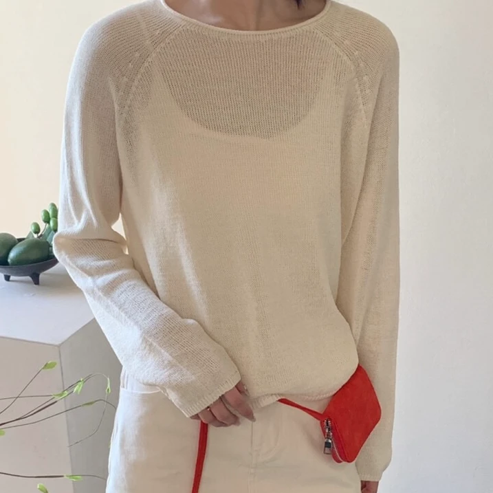 和纸纱插肩小短款长袖针织衫(清 NO退NO换）