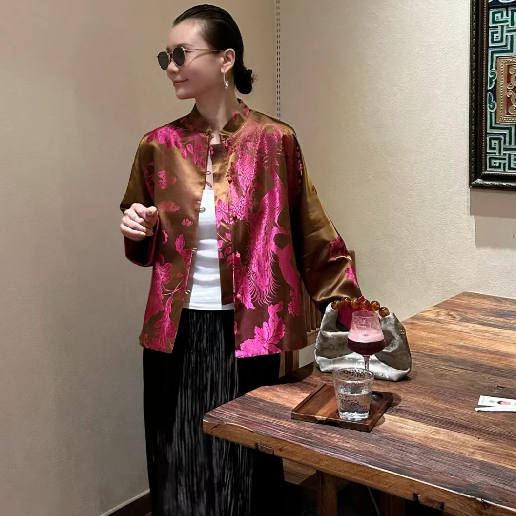 【雀翎凤泽】玛薇丝时尚复古新中式国潮风桑蚕丝老缎式中式衬衫长袖