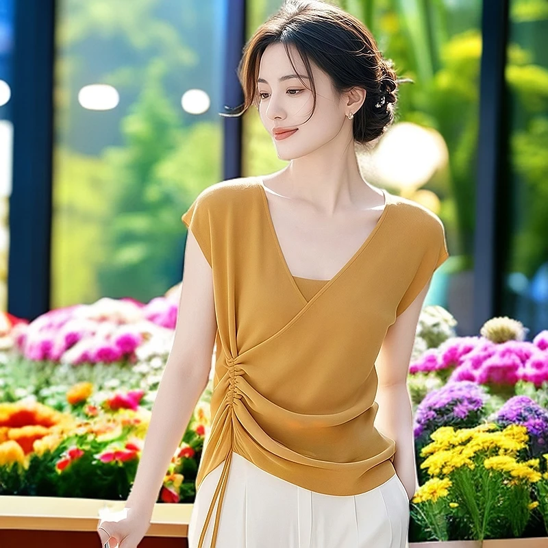 显瘦短袖t恤女2025新夏季爆款设计感超好看独特漂亮抽绳针织上衣