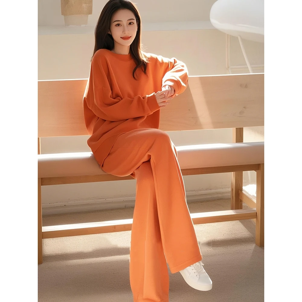 今年流行的春季女装韩系chic别致御姐又a又飒休闲橘色卫衣套装裤