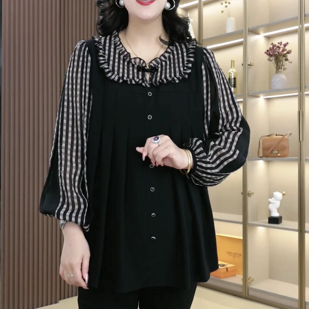 胖珍珍大码女装气质时尚格子拼接春秋新款宽松盘扣显瘦上衣ZB6554