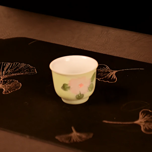 冰绿桃花纯手绘堆雕茶杯陶瓷茶具铃铛杯