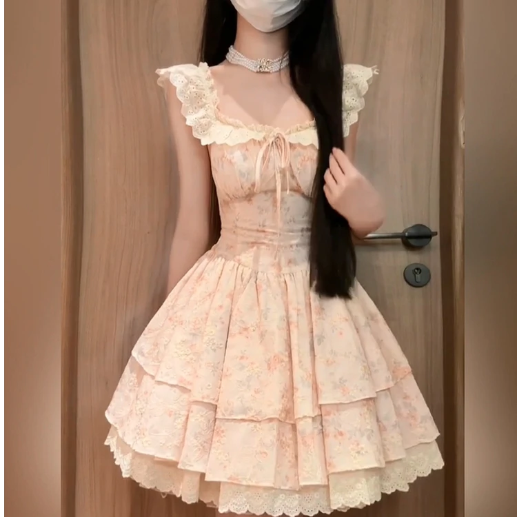 K5006法式甜美碎花小飞袖连衣裙女春夏高级感收腰显瘦生日蓬蓬裙