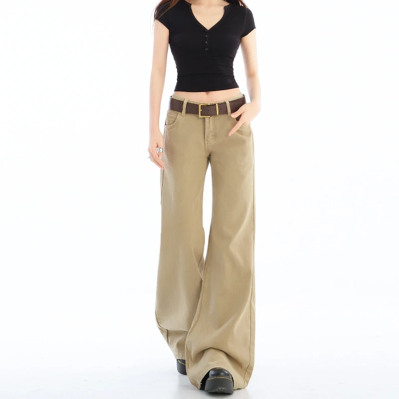 美式卡其低腰不贴腿微喇牛仔裤女夏季2025新款显瘦宽松窄版拖地裤