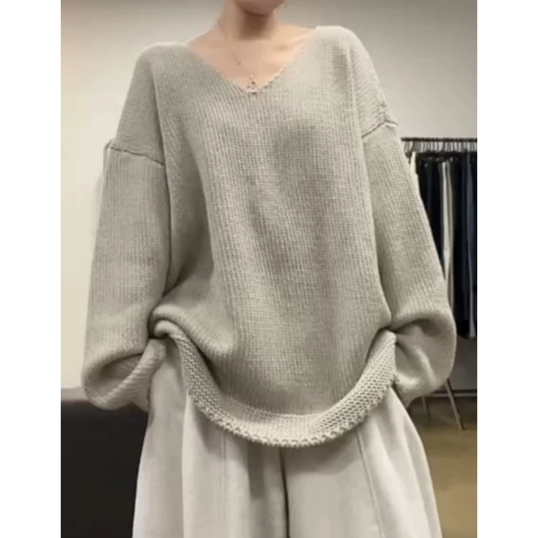 景倩妮韩系极简慵懒风V领针织毛衣2025冬季新款遮肉显瘦宽松上衣