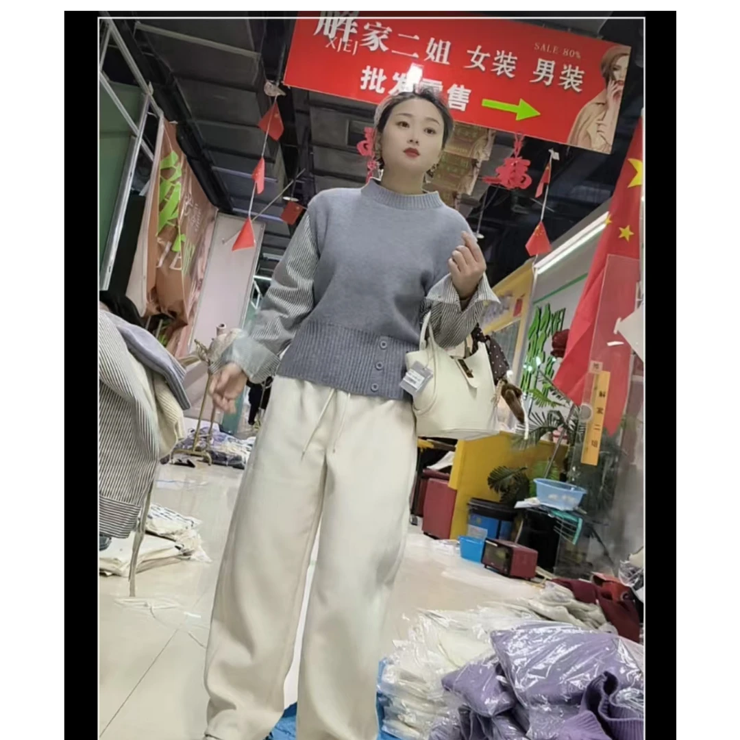 5225#春季新款休闲百搭衬衣袖圆领拼接针织毛衣