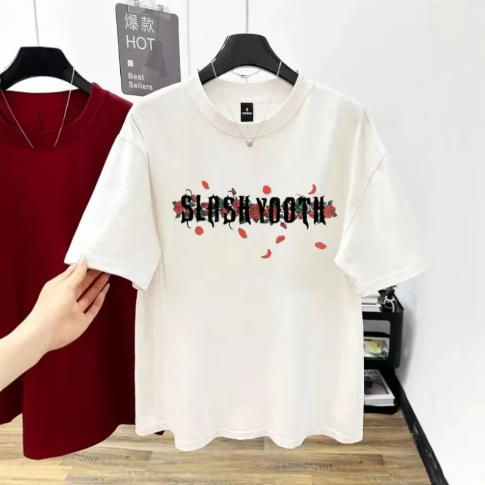 【福利款】XL-9904 重磅纯棉t恤潮流全棉t百搭圆领半袖-字母玫瑰