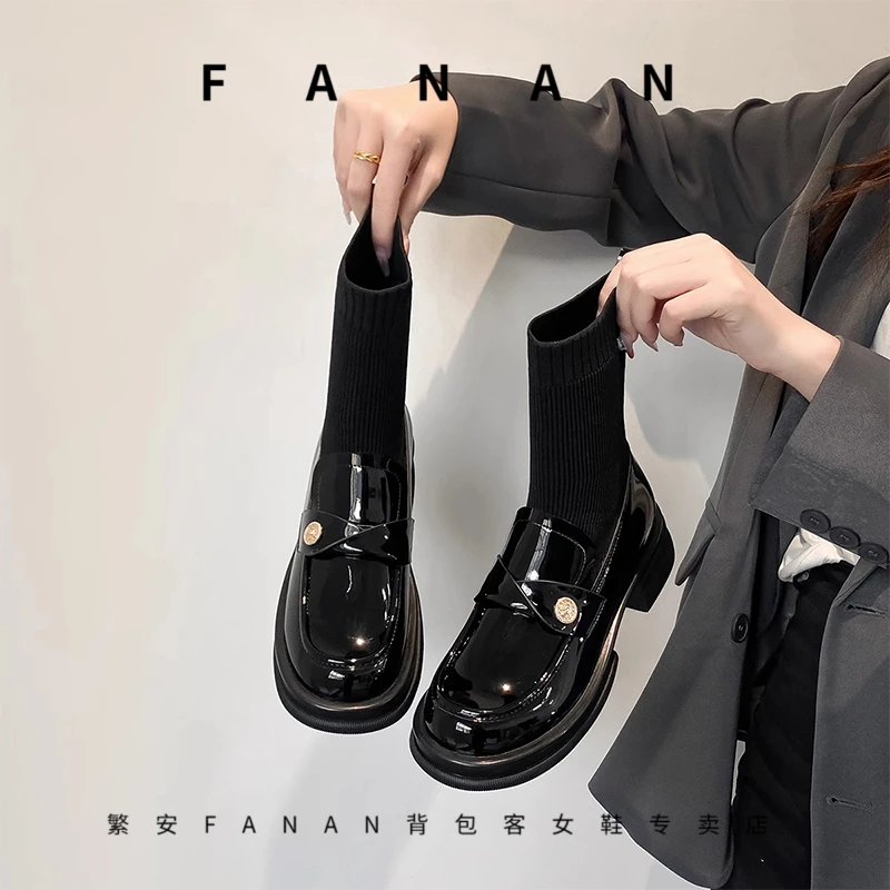 厚底马丁靴女英伦山茶花针织短靴弹力袜靴粗跟瘦瘦切尔西靴乐福鞋