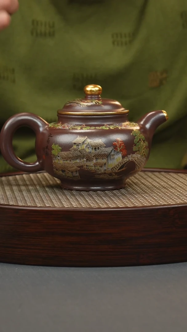 【闪购商品】紫砂茶壶石红 掇只 忆江南珐琅彩