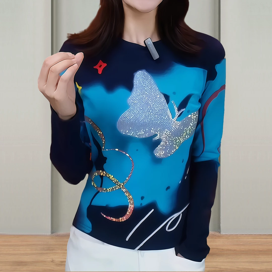 时尚气质宽松百搭上衣撞色印花长袖T恤女秋季百搭老钱风女装