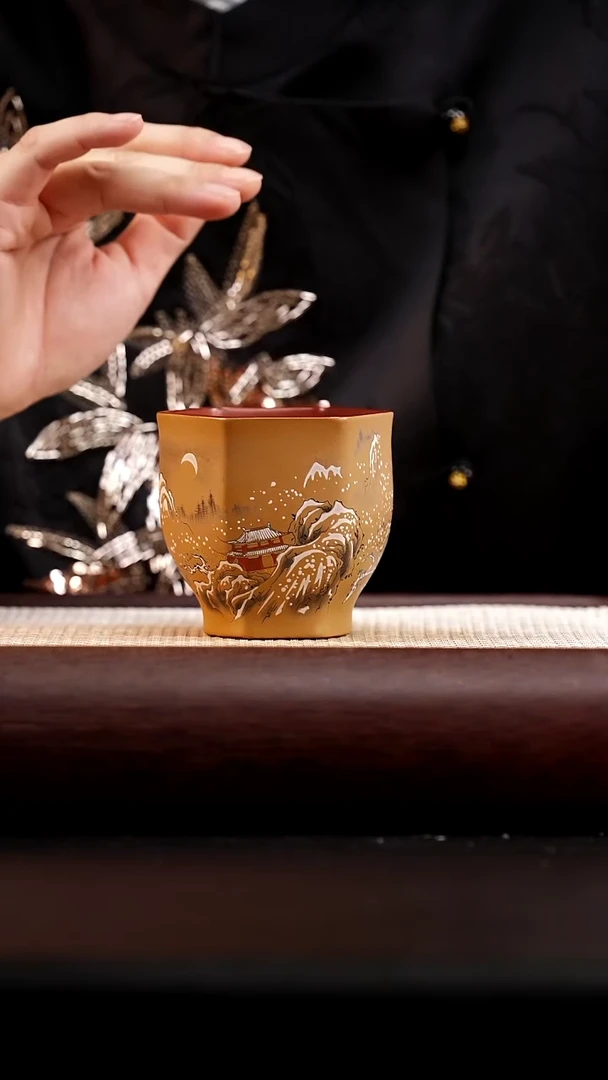 茶杯紫砂粉浆六方雪景杯