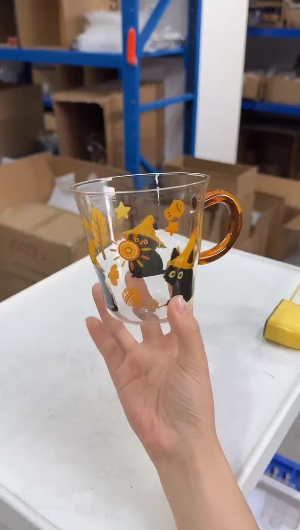 瓷片魔法喵黄色高硼硅玻璃杯