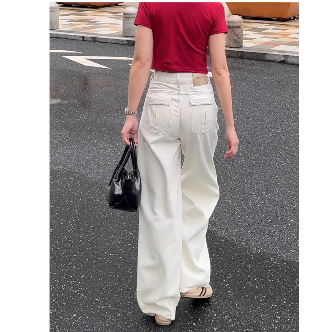 达利店1-1新款爆款白色牛仔裤挖袋升级高腰窄版直筒阔腿裤