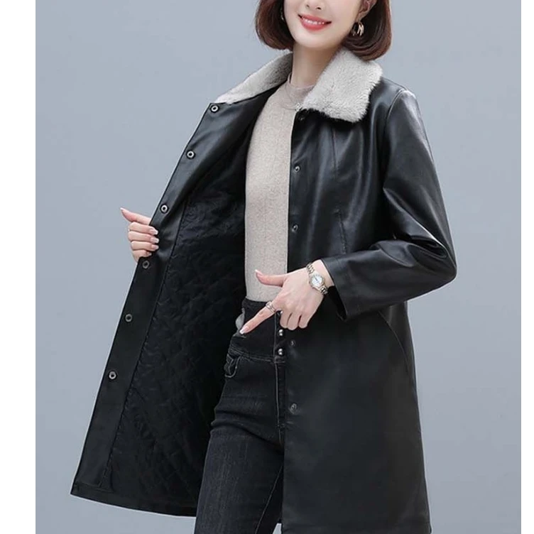 中长款加棉女士皮衣外套男友风千金风厚款皮衣中年女士商务休闲