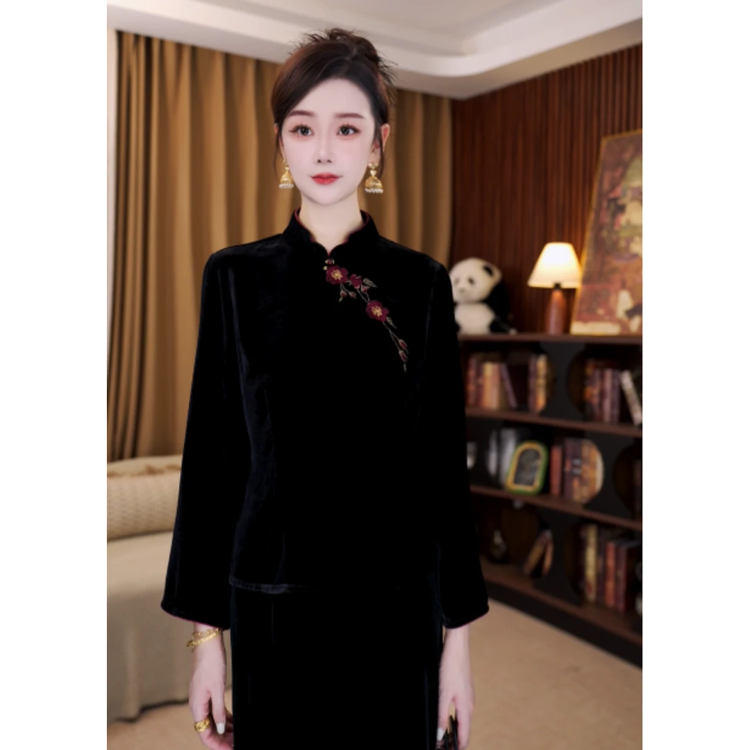 【梅溪月】满分桑蚕丝丝绒上衣女秋修身新中式国风小衫MCGSY1656