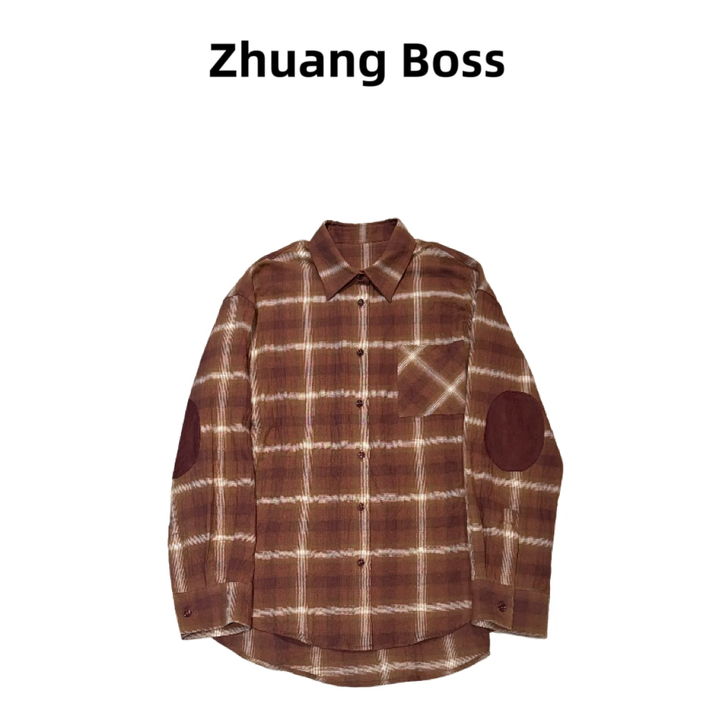 ZHUANG BOSS有机棉光点渐变百搭港风棕色格子衬衫M56133