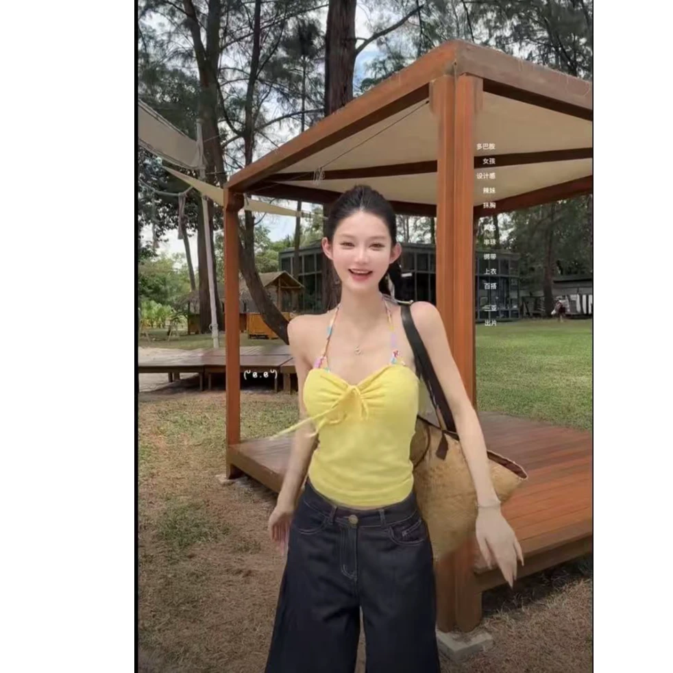 早春新款款时尚辣妹多巴胺绑带抹胸吊带上衣高腰百搭休闲牛仔裤女