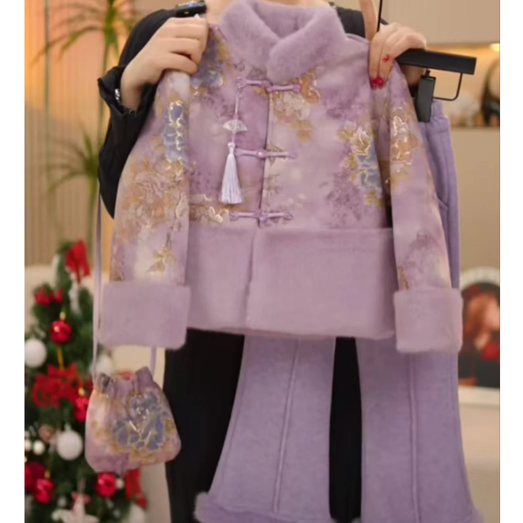 【紫气东来.现货】冬季女童中国风加绒套装2024新款加厚儿童新中式