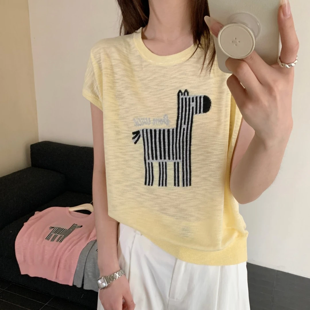 【素简.820191】夏季新款竹节麻轻薄水晶线条斑马女装上新针织衫