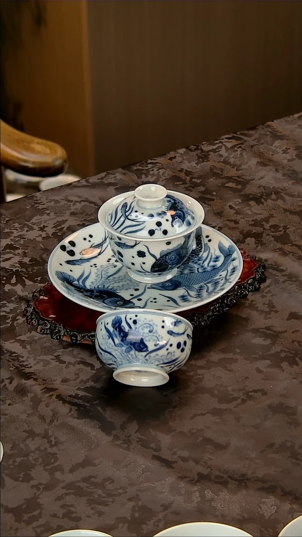 景土青花鱼藻三件套