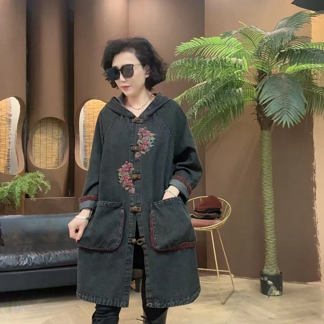 君姐服饰[027]春季新款砂洗牛仔刺绣休闲宽松时尚气质连帽外套