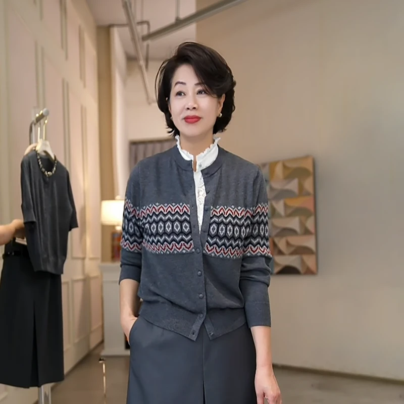 复古老钱风圆领提花针织毛衣外套女066-1011