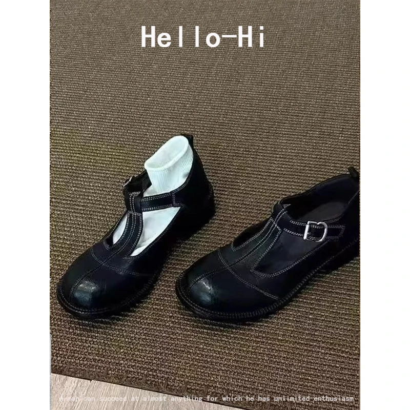 羊皮版~复古粗跟T字扣镂空乐福鞋女圆头玛丽珍单鞋英伦厚底小皮鞋