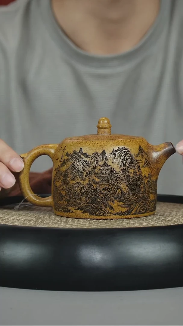 茶壶紫砂龙骨金砂 汉铎 刻绘山水