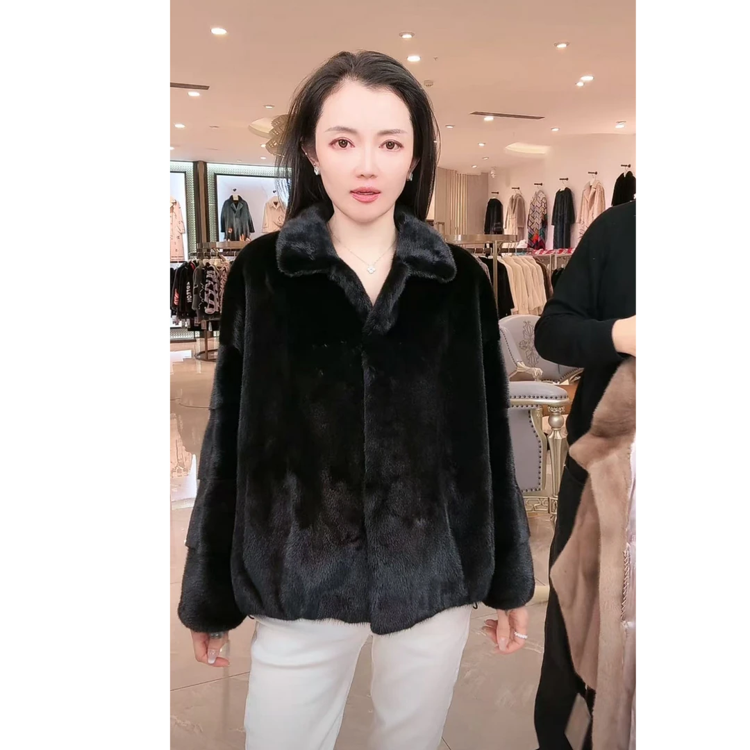 A2949进口水貂【天鹅绒全抽皮草裘皮大衣】宽版小翻领