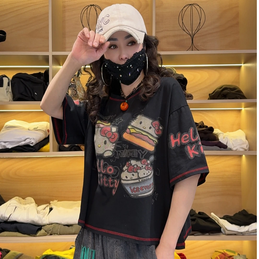 6280-1（长）夏款欧货水洗棉潮牌百搭减龄字母卡通短款T恤