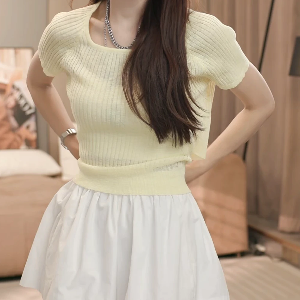 夏季新款镂空方领针织衫时尚短袖针织上衣女