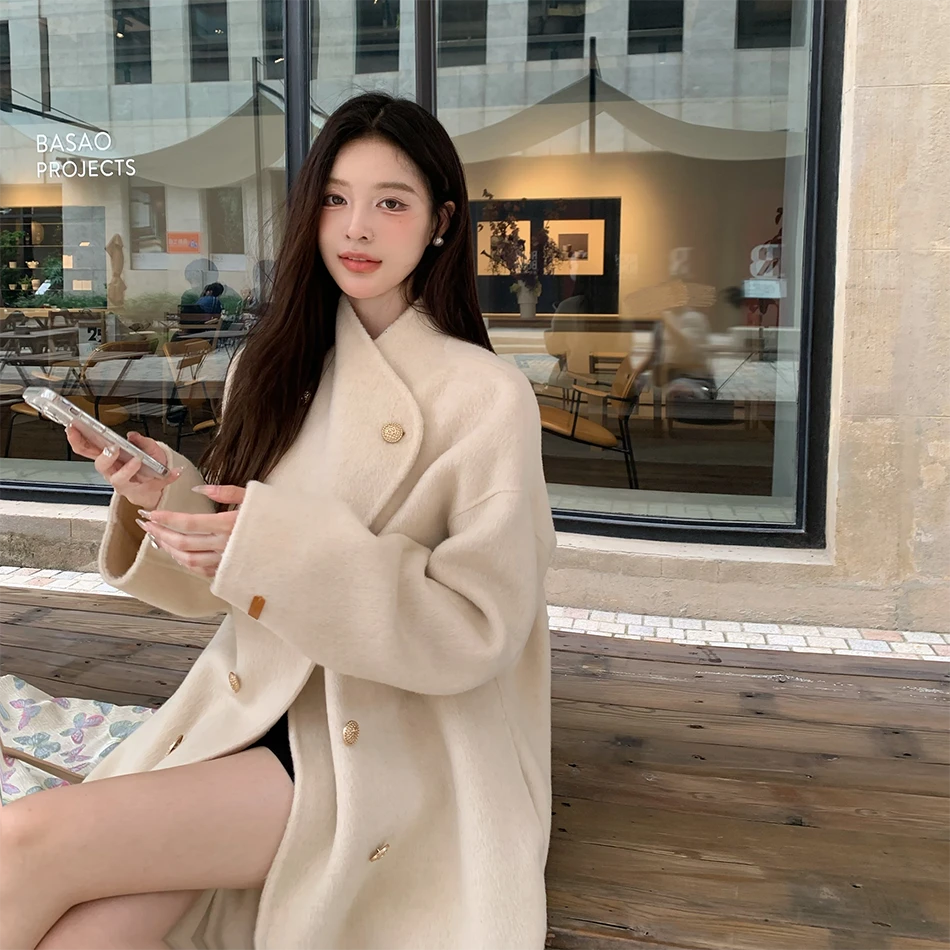 2025秋冬中长款休闲双面绒毛呢外套女灰色立领质感小个子呢子大衣