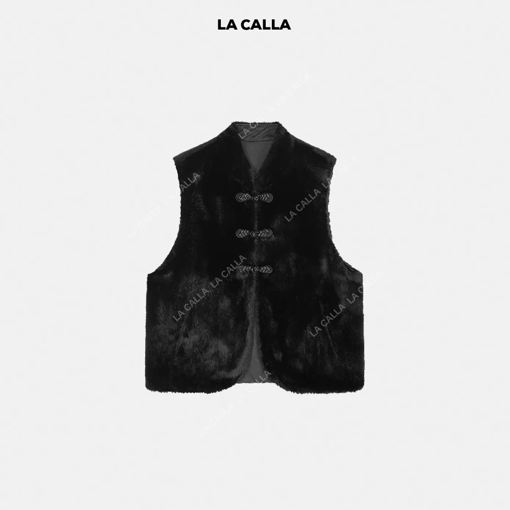 LA CALLA知音黑色复古中国风绒毛马甲OY1670