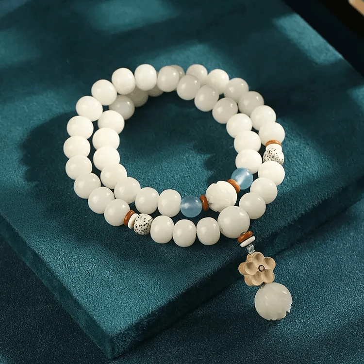 （送盘玩袋）白菩提根手串莲花款双圈手持盘玩菩提子佛珠文玩