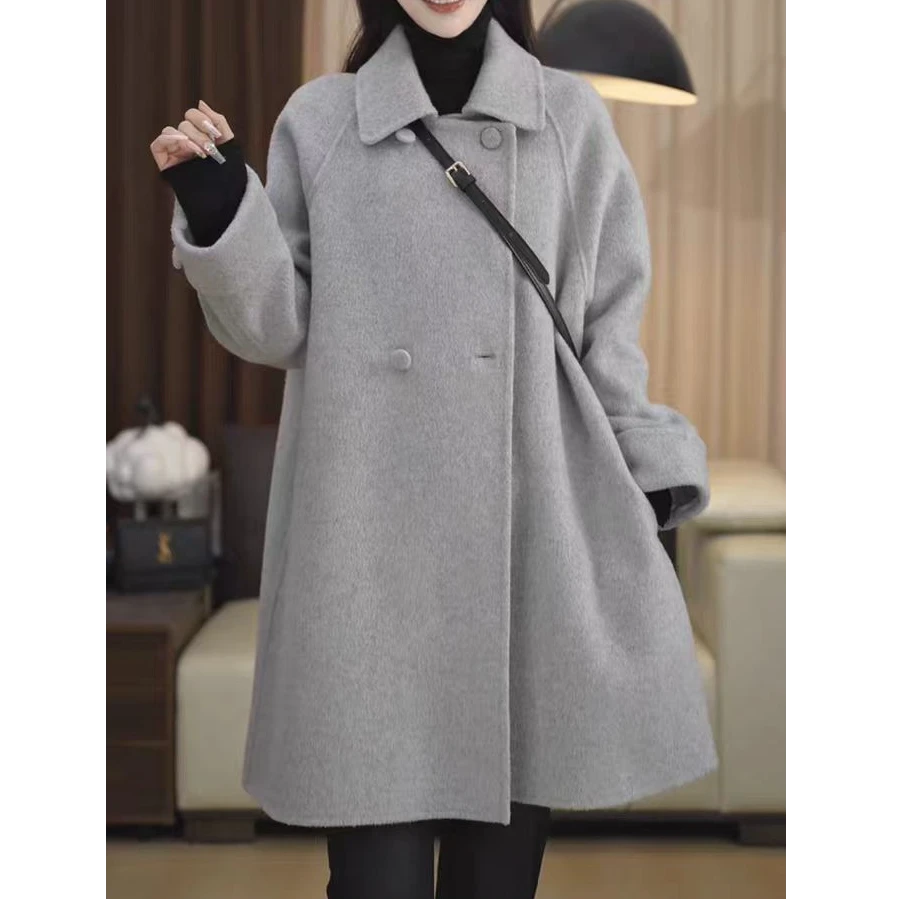 拉夏贝尔韩版双面羊毛大衣女中长款小个子2025年毛呢外套高级感