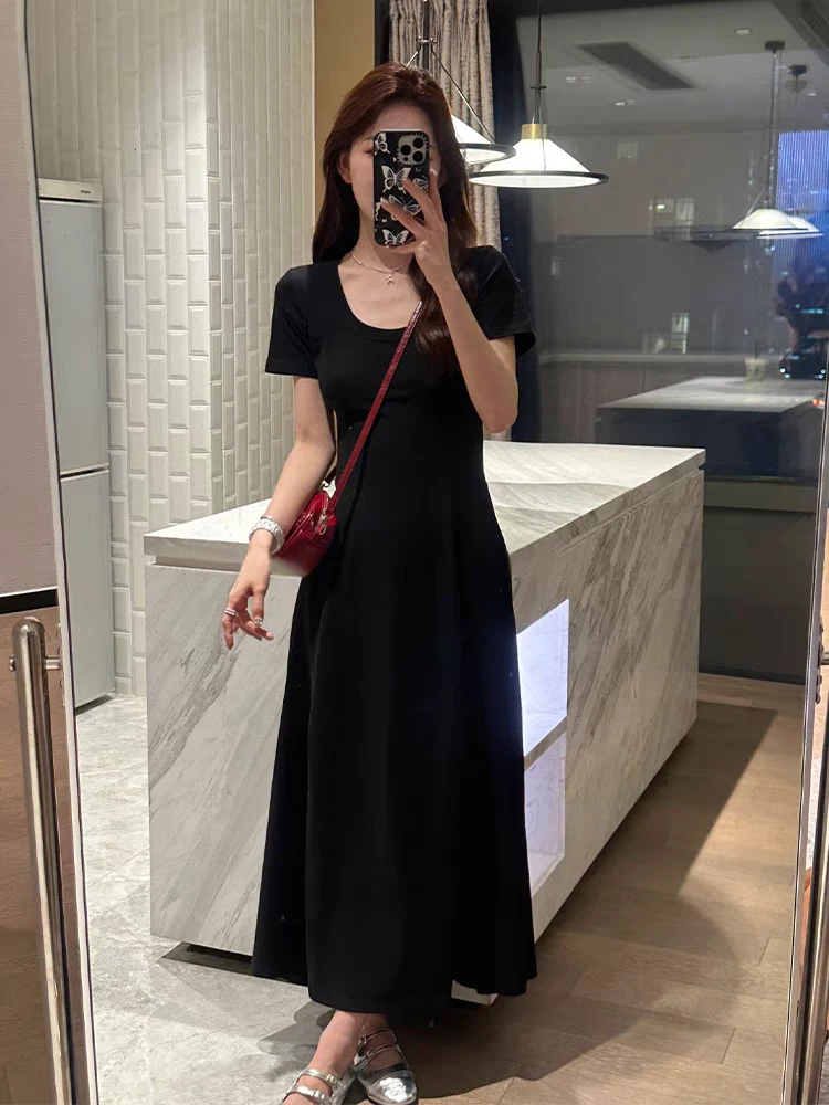 豆子优选-春夏新款赫本风收腰显瘦露腰绑带U领短袖连衣裙 DZ71372