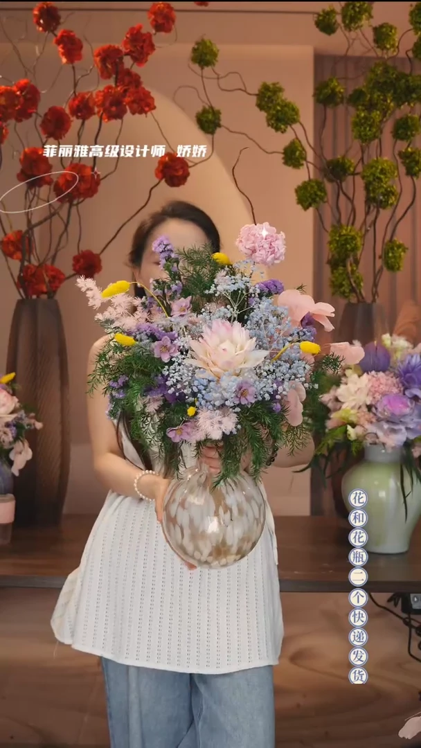 琉璃手工艺品花瓶+花束一套