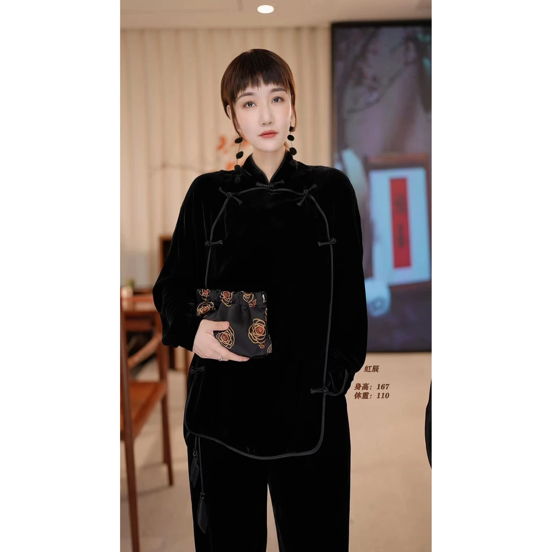 【虹辰】高端桑蚕丝绒高级感时尚气质新中式时尚优雅ins上衣-HC610