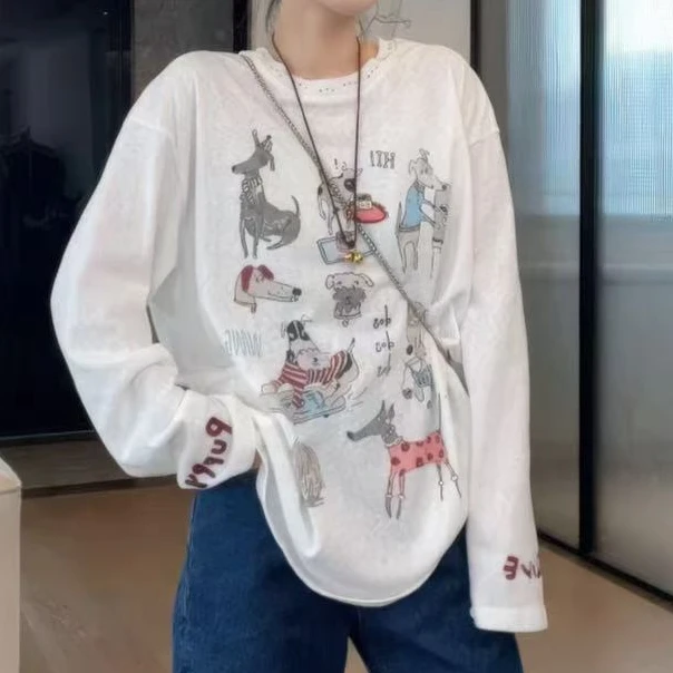 1常规长袖女士休闲常规款T恤圆领印花时尚潮流简约  H0125