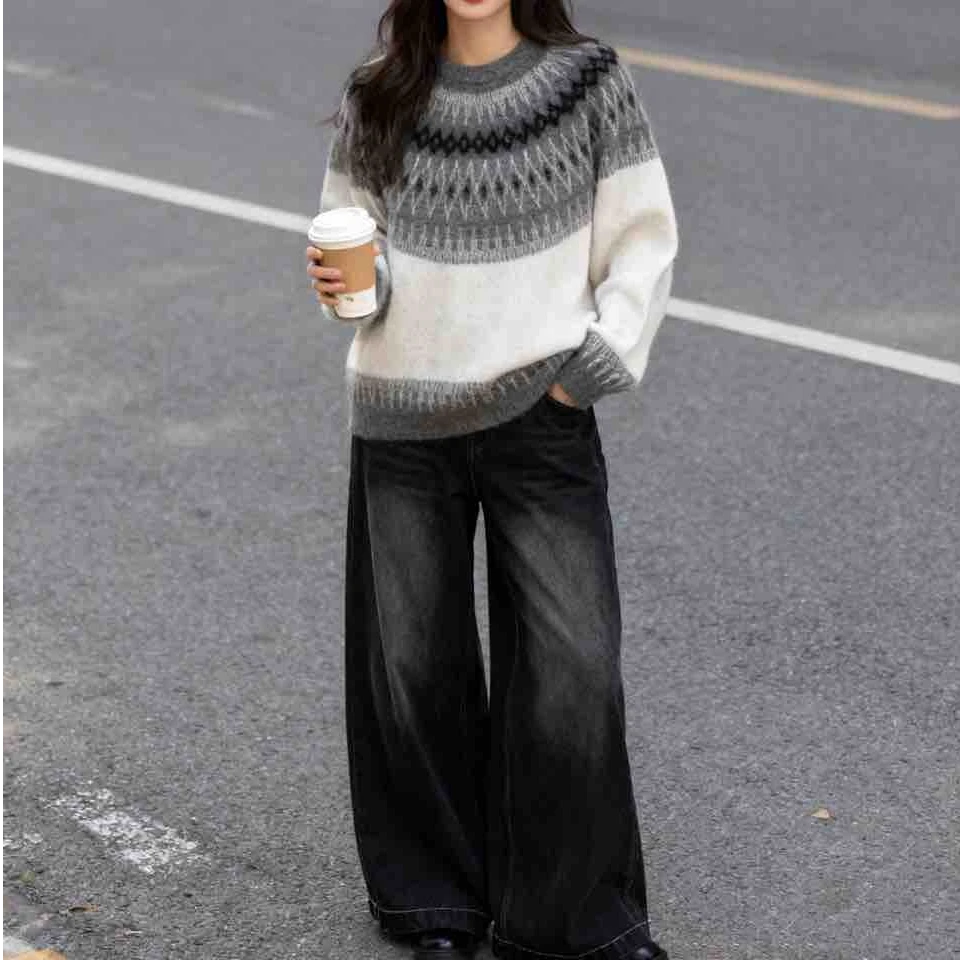 费尔岛羊毛拉毛提花毛衣 圆领套头加厚宽松毛衣 98803