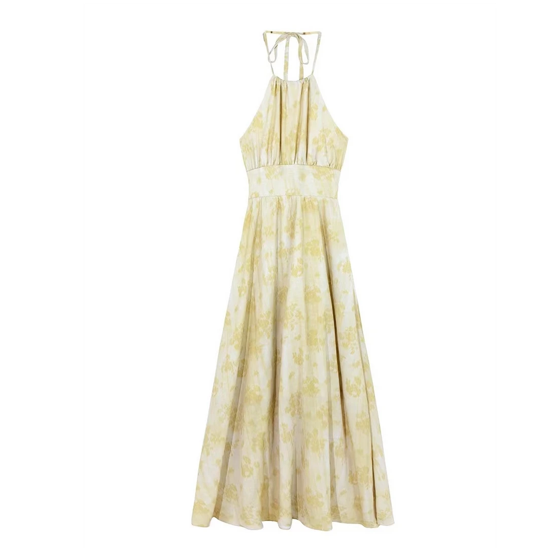 （清货）花田橱窗 挂脖露背连衣裙女夏季绑带收腰长裙24105