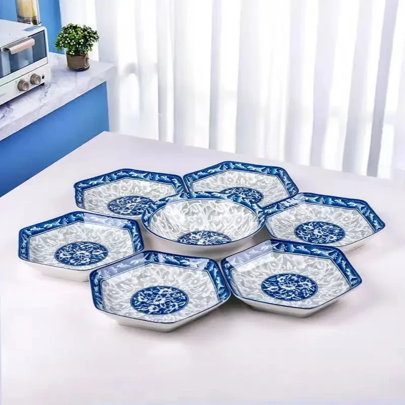 （亏米福利）青花瓷8.5英寸六角盘+汤碗