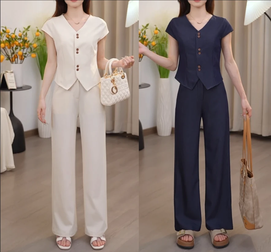 小个子松弛感马甲套装女2025夏季新款高腰阔腿长裤