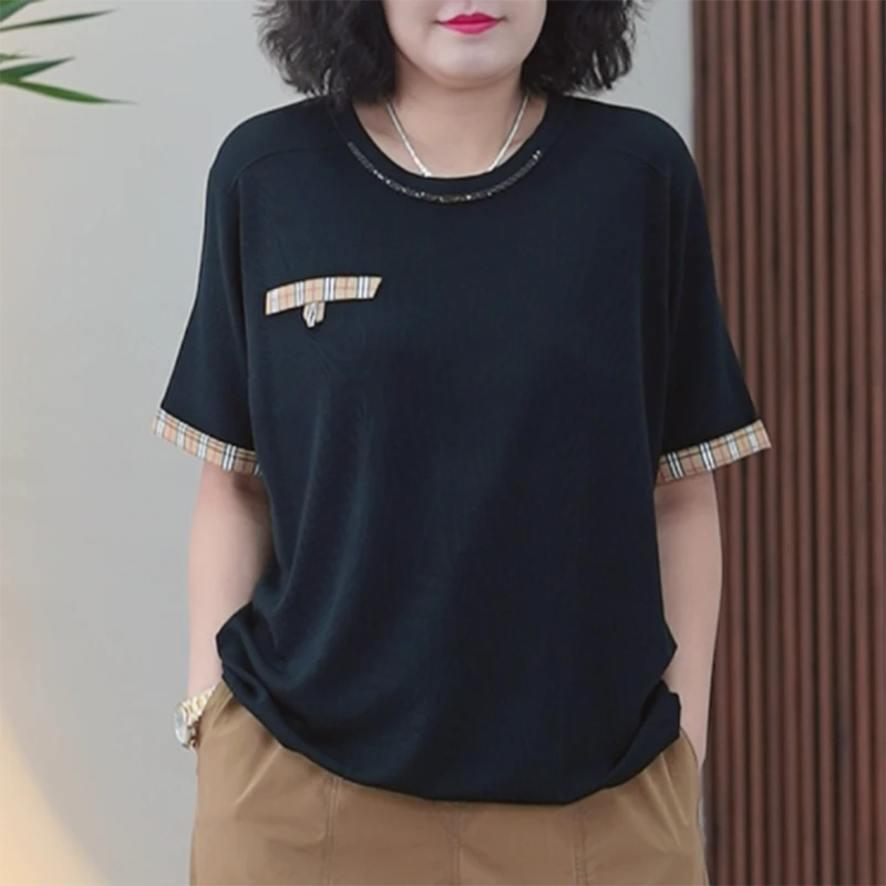 纳凉纱大码T恤女休闲弹力夏季时尚针织冰感纱舒爽透气百搭上衣