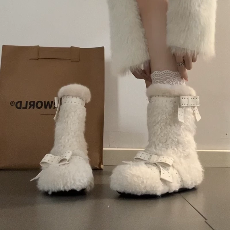 OJRZ时尚白色蝴蝶结毛毛短靴女2025年新款加绒保暖舒适百搭雪地靴
