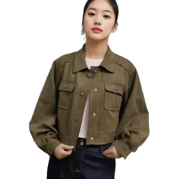 女秋季短外套韩版鹿皮绒短款外套翻领外套百搭水洗