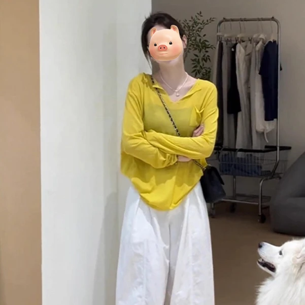 多巴胺穿搭黄色V领薄款冰丝防晒长袖T恤女夏季微透外搭空调衫上衣