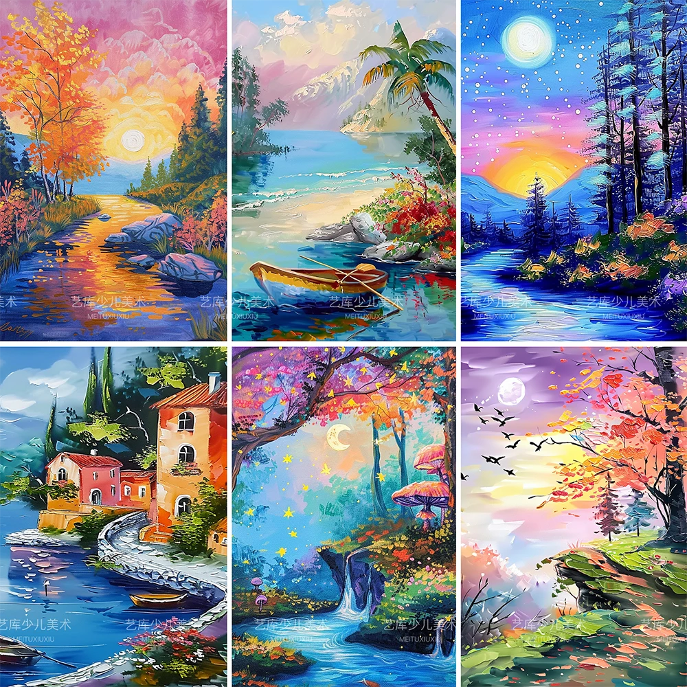 暑假新自然风光水粉丙烯油画临摹卡30张初学者少儿创意美术画室A5